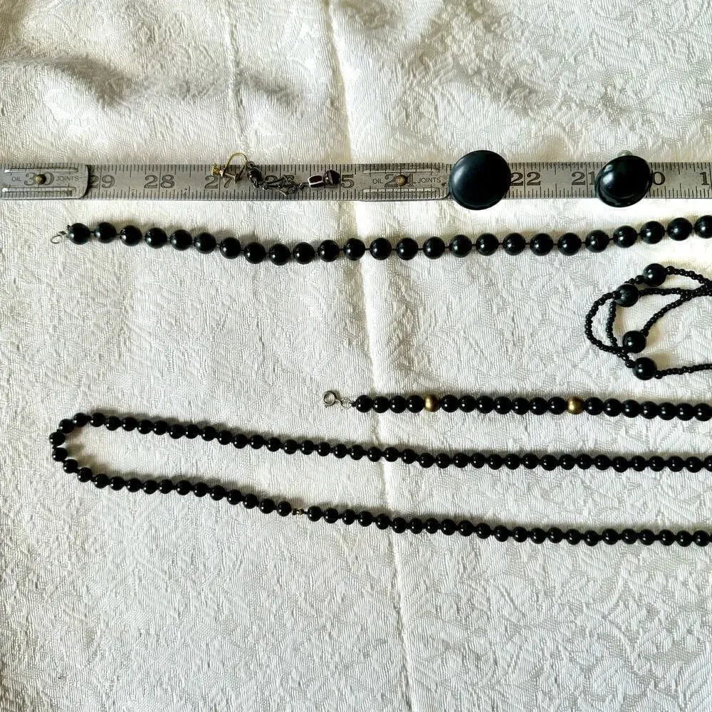10 Black Beaded Necklace and Earring Lot Glass, Wood, Plastic Vintage 1950’s+